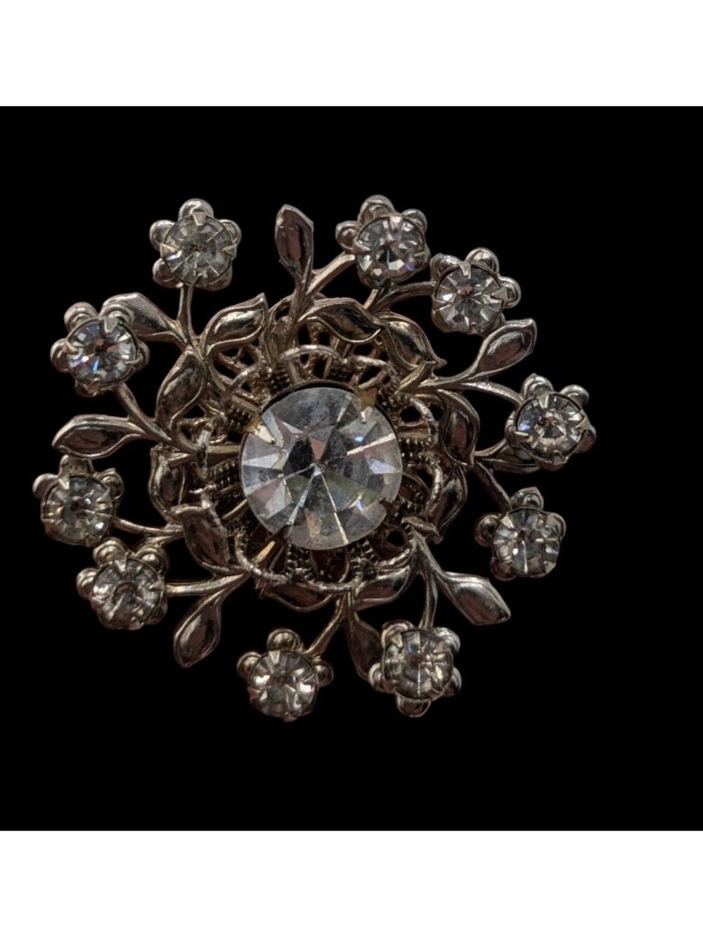 Vintage Floral Rhinestone Brooch Silver Midcentury Glam Pin